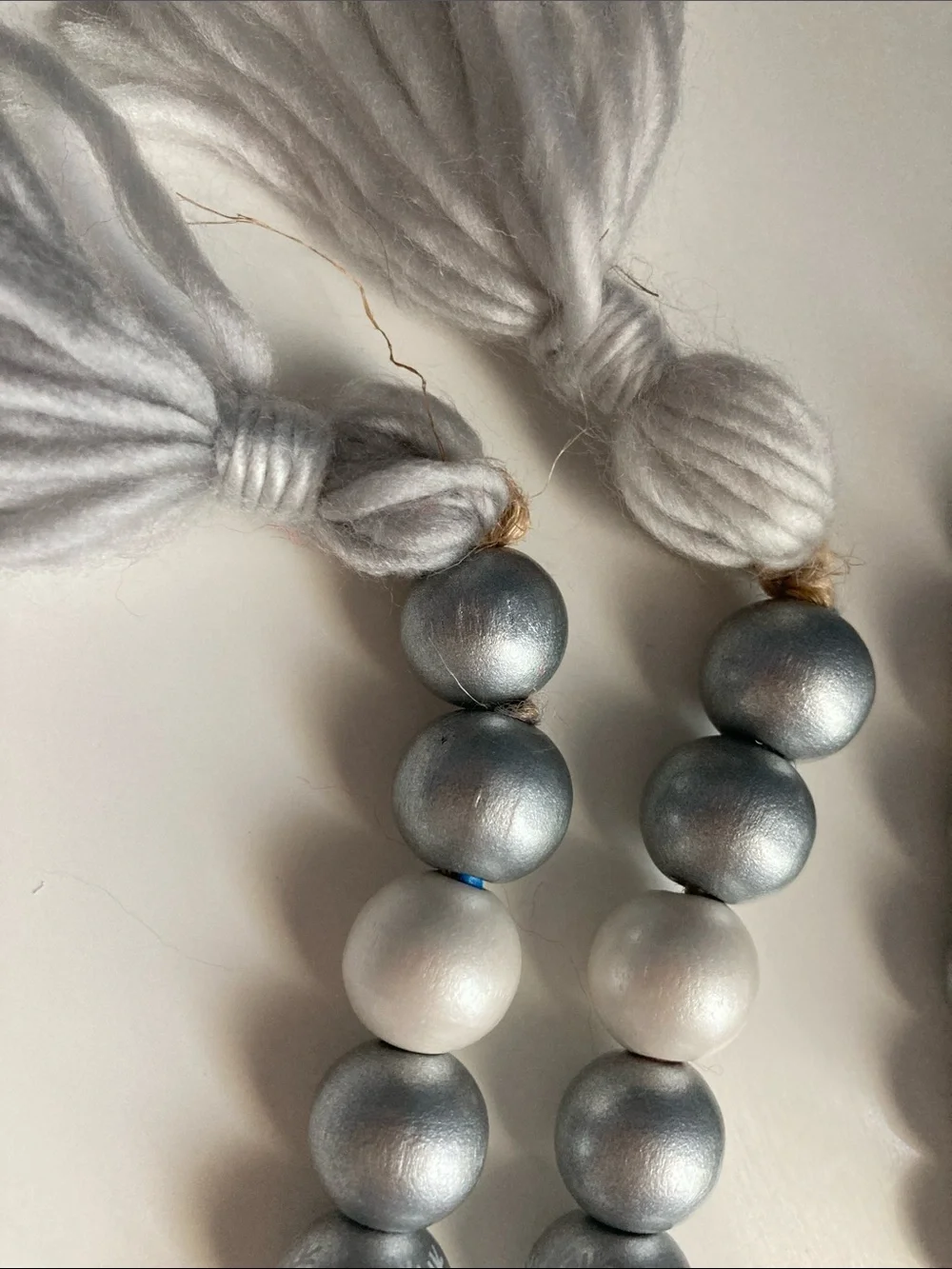 Handmade Farmhouse wooden Beads Garland Set of 3 Silver White Tassels